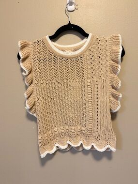 Hem & Thread Beige and White Open-Knit Pullover